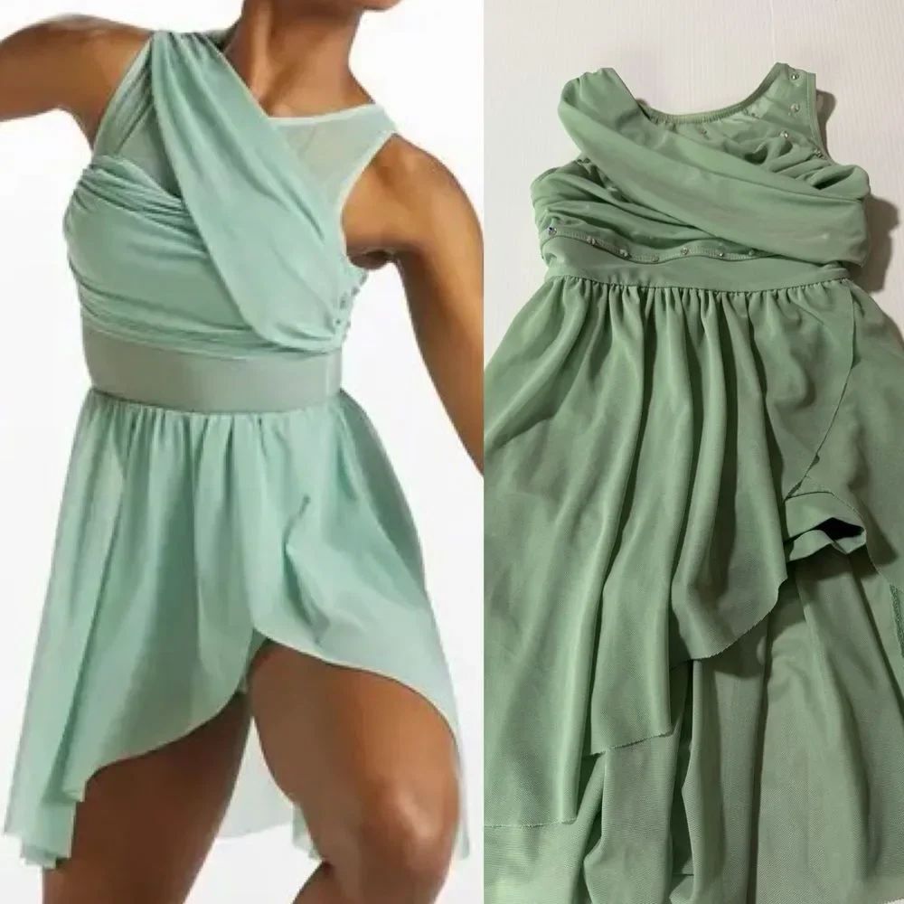 WEISSMAN Balera Dance Costume sage green MESH WRAP DRESS D8423 IC- child 7/8